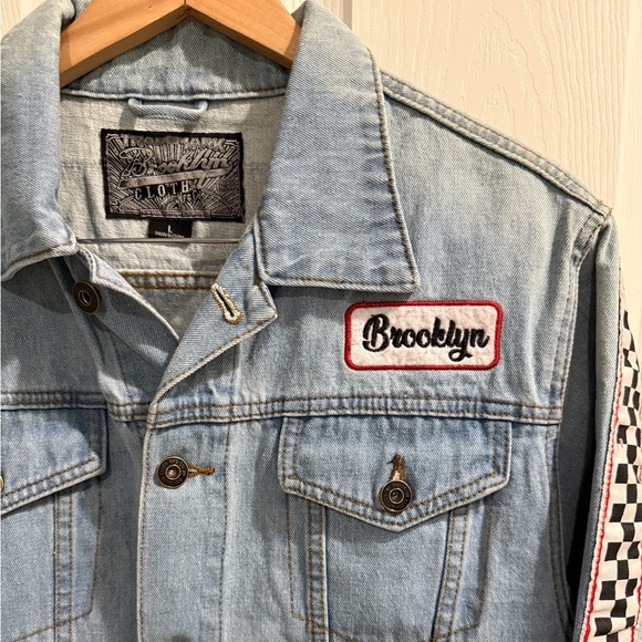 Brooklyn Cloth Light Blue Denim Moto Jacket with Checkered Sleeves - Picture 2 of 6